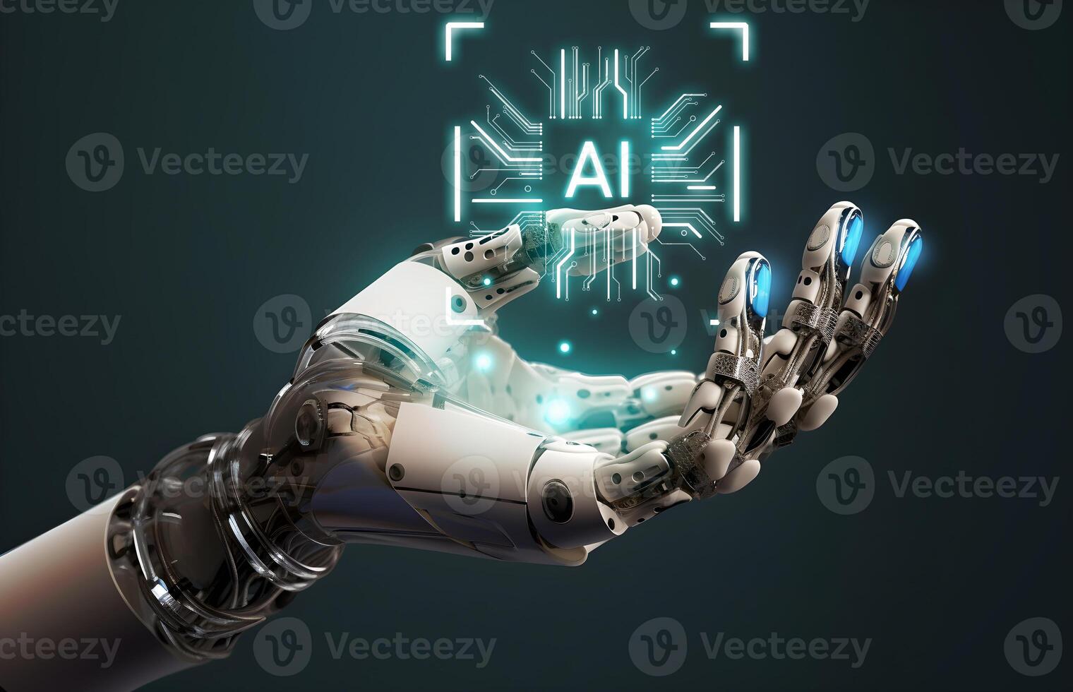 AI Humanoid Hand Holding AI Logo on Microchip Hologram Future Cybernetic Artificial Intelligence Technology Concept Generative AI Illustration Photo